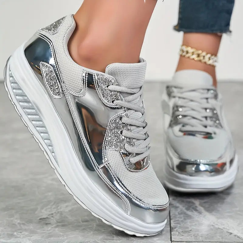 Shiny Casual Sports Shoes-Gold