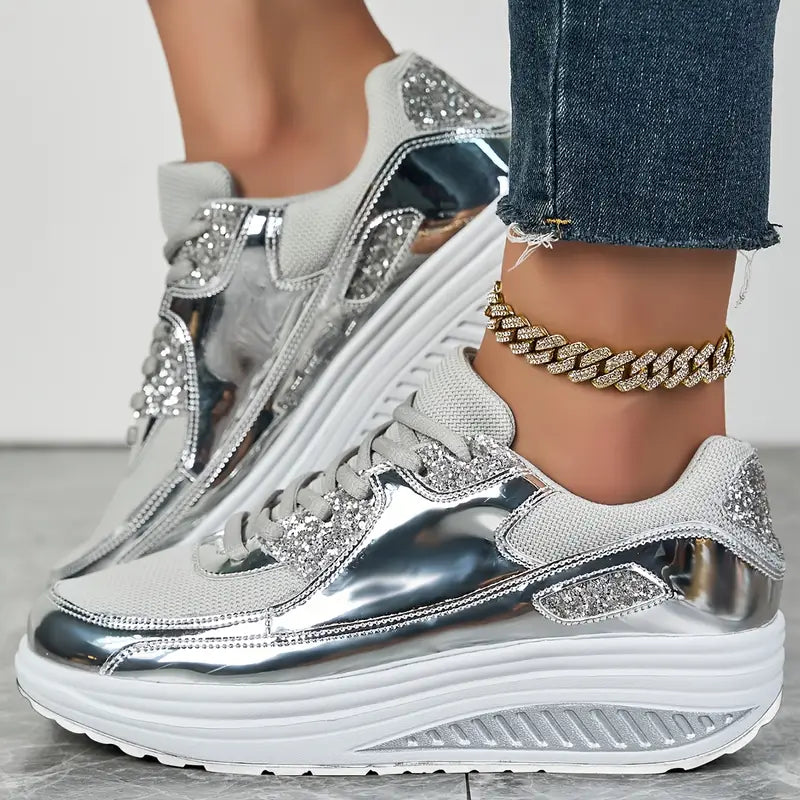 Shiny Casual Sports Shoes-Gold