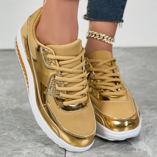 Shiny Casual Sports Shoes-Gold